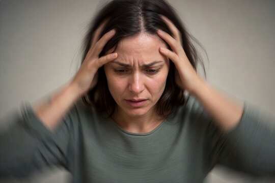 Woman grappling with a crushing burden of silent despair in a stark room