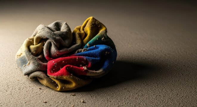 A heavily stained and filthy piece of cloth is crumpled and abandoned, sitting isolated on a rough, neutral surface, alone, rubbish, neutral