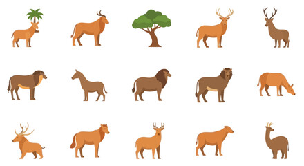 African Antelopes, Lions, Deer, and Tree Flat Icons © rexus