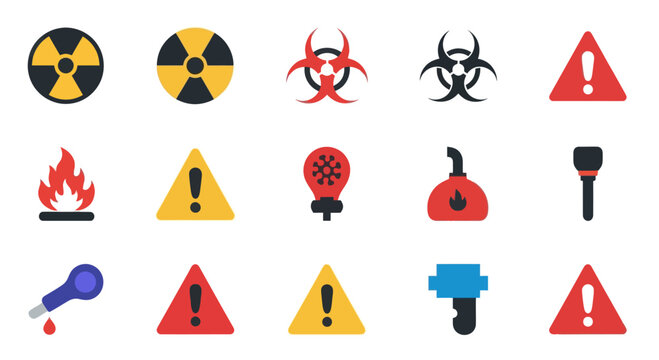 Warning Signs, Radiation Symbols, Biohazard, Fire, and Flashlight Icons