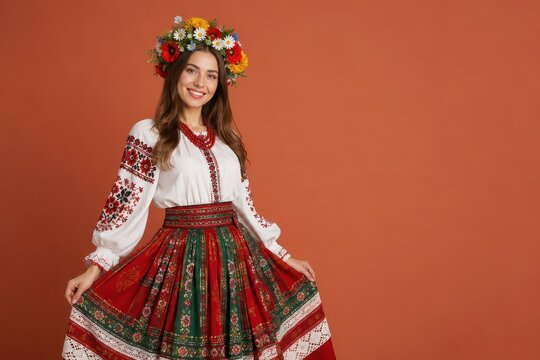 Young woman wearing traditional Ukrainian vyshyvanka and flower wreath. Ethnic folk costume clothing for cultural festival