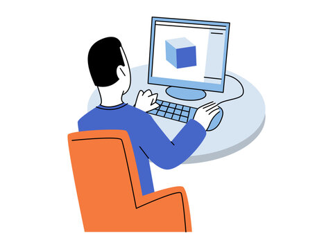 A man sits at a desk working on a 3D modeling software vector illustration. Graphic design, engineering, remote work, digital art, technology, creative process. Male artist using a workstation