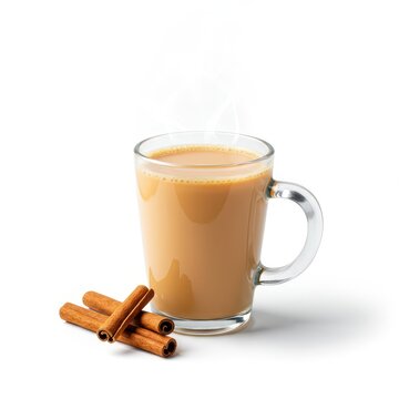 Rich, creamy Karak milk chai served steaming hot in a traditional cup. The famous spiced tea beverage is isolated against a clean white backdrop, flavor, high key, spice