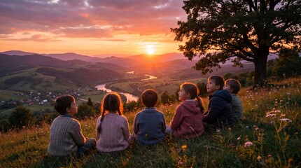 Obraz premium Group of children watching sunset from hillside with trees nearby 