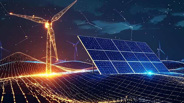 Nighttime Renewable Energy Solar Wind Power Generation Scene.