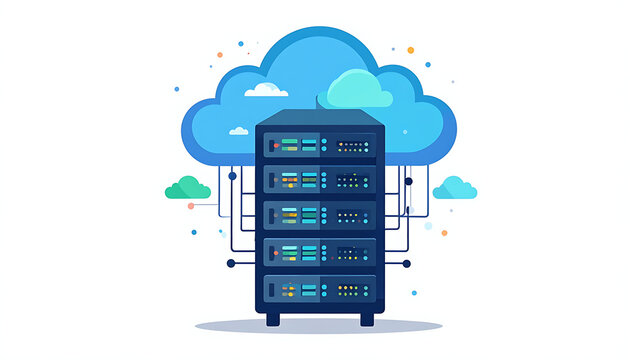 Pixel art server rack connected to a stylized cloud, representing data storage, cloud computing, and digital infrastructure