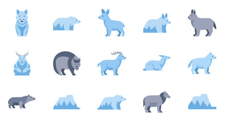 Arctic Animals Collection: Polar Bear, Wolf, Reindeer, Musk Ox, Goat Icons © rexus
