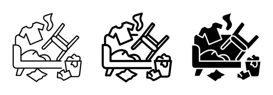Messy room silhouette icons set, solid black style, depicting a chaotic bedroom with scattered clothes, an overturned chair, and trash, for home organization concepts.