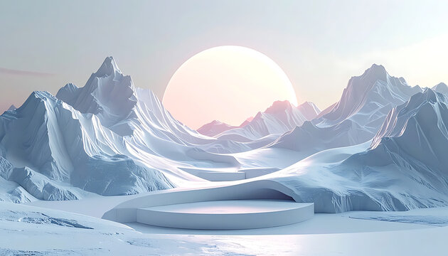 pixel art winter landscape with mountains, a large sun, and a stage podium for product display, serene atmosphere, cold tones