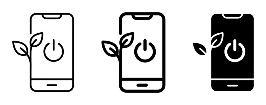 Three smartphone silhouette icons with power button leaves, solid black style, technology environment concept.