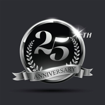 Celebrating 25th anniversary logo, with silver ring and ribbon