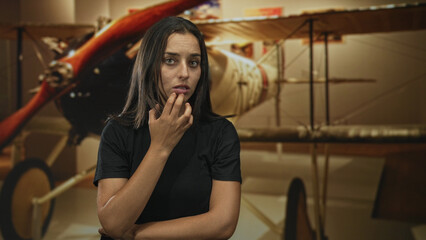 Young hispanic woman, finger to lips beside a vintage biplane in a museum building with exhibit lighting and aircraft propeller visible  contemplation. © Krakenimages.com