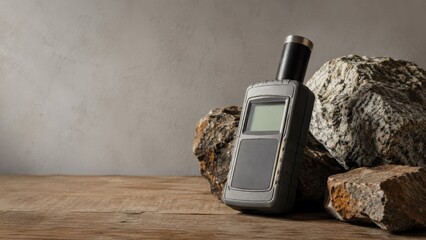 Fototapeta na wymiar Rugged handheld radiation meter with blank screen and sensor tube leaning against rough mineral rocks on wooden table before gray wall.