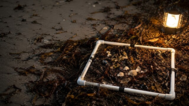 Glowing lantern lights a square white pipe frame on wet beach sand with seaweed, shells and coastal wrack along a dark shoreline at dusk.
