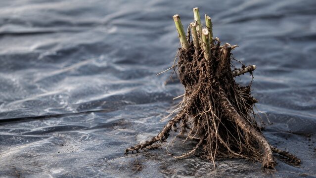 Uprooted plant crown with cut green stems and exposed roots resting on black plastic mulch, close-up agricultural propagation scene outdoors.
