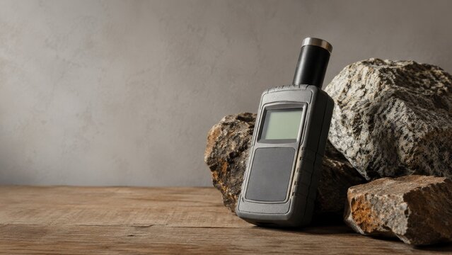 Rugged handheld radiation meter with blank screen and sensor tube leaning against rough mineral rocks on wooden table before gray wall.