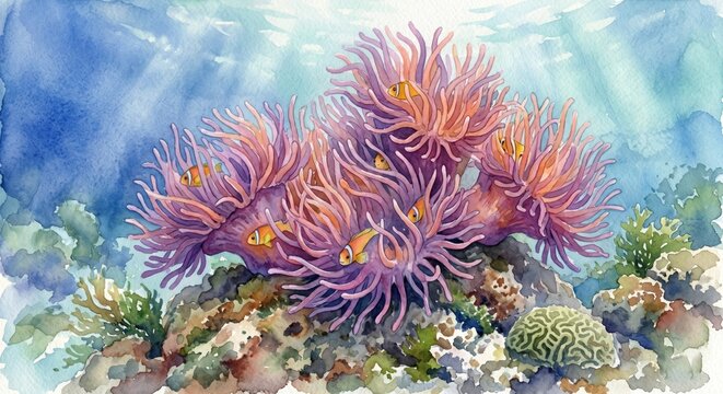 Vibrant purple sea anemone with tentacles waving gently in the ocean current, surrounded by colorful coral and rock formations, showcasing a thriving underwater ecosystem.