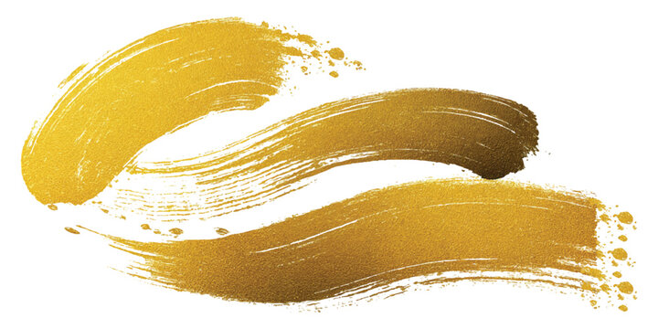 Set of golden grunge paint brush strokes with splatters metallic foil texture isolated vector illustration.