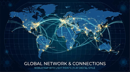 Global Network Connections World Map with Light Points and Connecting Lines in Flat Digital Style © Estúdio Encantarte.