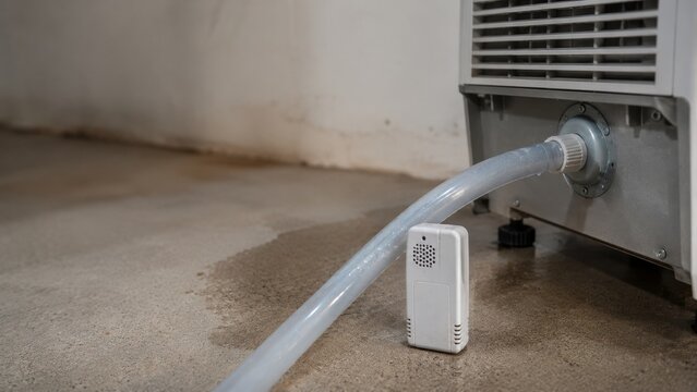 Clear condensate hose connected to appliance drain beside small moisture sensor on concrete floor, showing indoor water drainage setup.