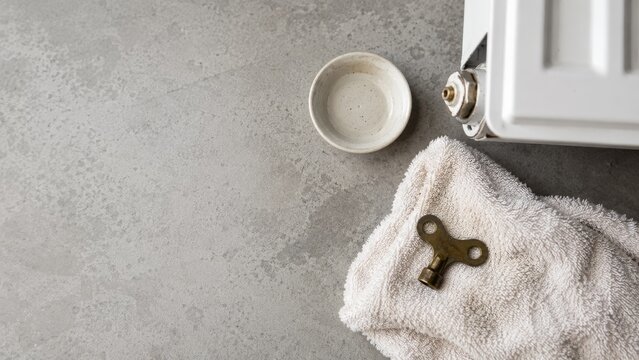 Top view of radiator bleed valve with small bowl, towel, and brass key on gray floor, showing home heating maintenance before bleeding.