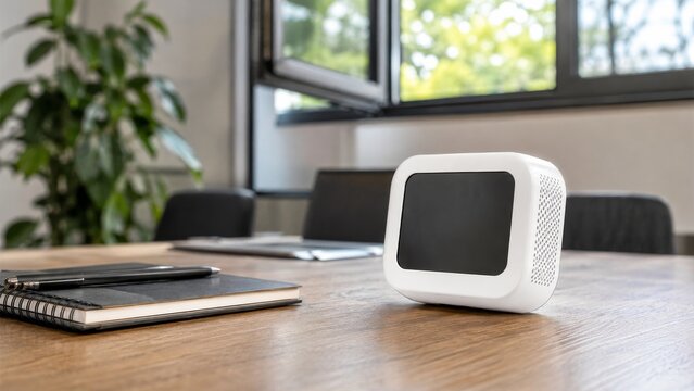 White air quality monitor with blank black display on wooden office table near notebook, laptop, plant, and open window in modern workspace.