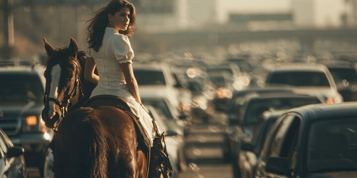 Photo of woman riding horse in rush hour traffic, 