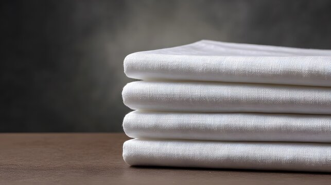 A neat stack of crisp white linens resting on a dark wooden surface against a moody gradient background