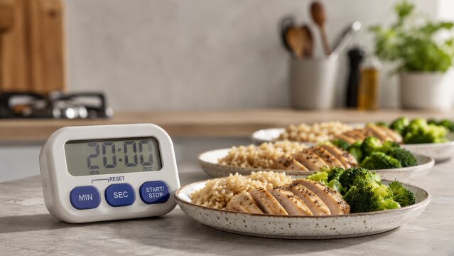 Digital kitchen timer set to 20 minutes beside meal prep plates with sliced chicken, grains, and broccoli on a countertop in bright home kitchen