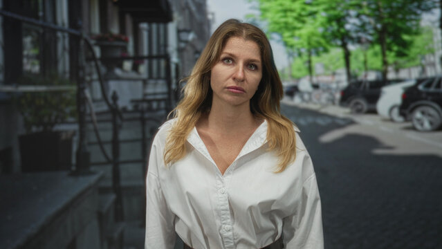 Woman on city street in frontal pose with pouting face and rolling eyes, white blouse and visible belt; annoyance.