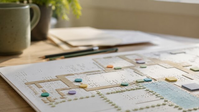 Tactile architectural floor plan with raised braille dots and colorful markers on a wooden desk near pencils, mug, and soft window light.