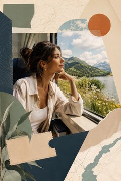 Woman looking out of train window while traveling through mountains. Young lady enjoying scenic landscape during railway