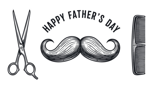 Black and white happy fathers day text with scissors mustache and comb