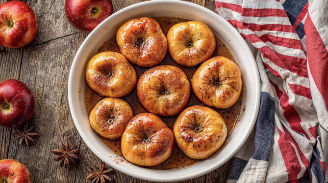 Baked apples with cinnamon glaze in a white ceramic dish. Rustic wood background with fresh red apples and star anise. Cozy autumn dessert photography, perfect for food blogs and seasonal recipes.	
