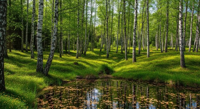 Serene forest glade with birch trees and pond