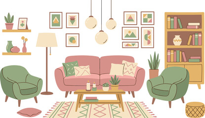 Cozy living room furniture set with sofa armchair bookshelves and home decor elements illustration © Mofajjol