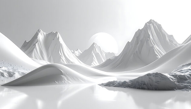 Serene monochrome landscape with pixelated mountains reflecting in still water, evoking a sense of calm and digital wilderness