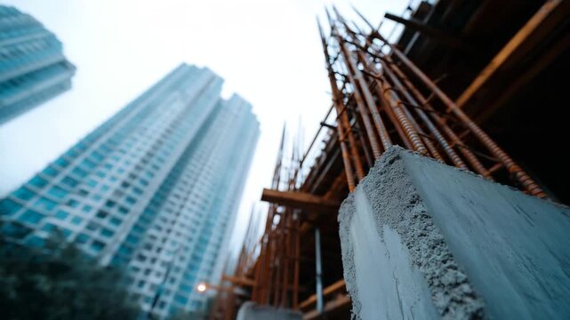 Concrete building frame with dense metal scaffolding and vertical rebar columns on urban construction site, unfinished reinforced structure under cloudy sky, industrial