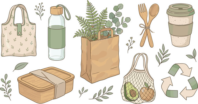 Zero waste lifestyle items with eco friendly bags water bottle lunch box and recycling symbol icon