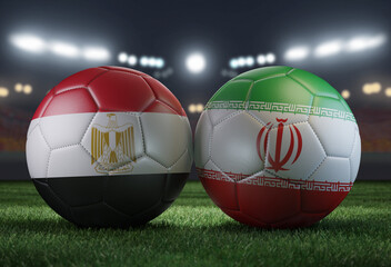 Two soccer balls in flags colors on a stadium blurred background. Egypt vs Iran. 3D image. © Sasha Strekoza