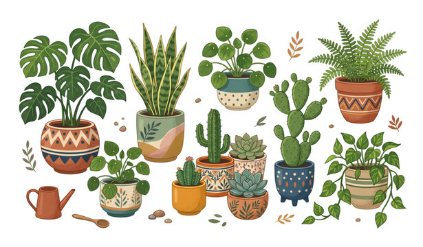 Decorative indoor plant collection with colorful ceramic pots in artistic flat vector style for botanical home decor design on white background