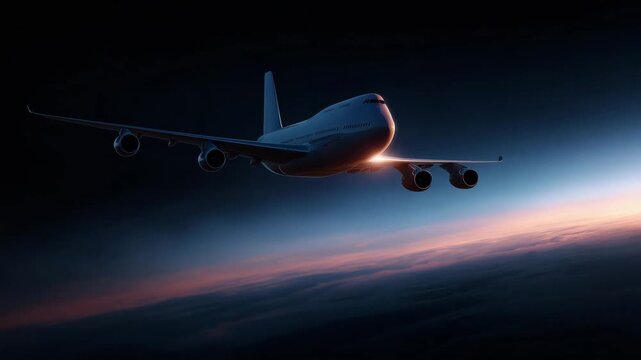 Passenger airplane flying in low Earth orbit above glowing blue planet horizon, futuristic aviation and space travel concept on dark cosmic background airplane, passenger plane, av