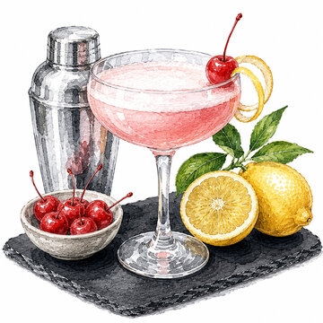 Watercolor Pink Lady cocktail illustration