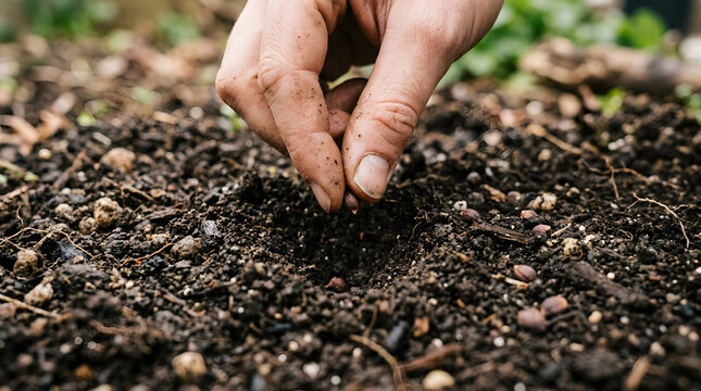 Close up of hand planting seed in rich dark soil gardening concept