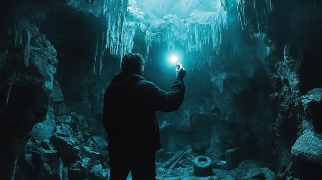 Exploring the Cryptic Depths: A Lone Figure Illuminates a Mysterious Ice Cave