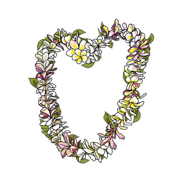 Plumeria Flower Heart Necklace Vector Illustration, Hawaiian Frangipani Floral Garland, Tropical Heart Frame Design