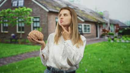 Fototapeta premium Blonde woman holding brain prop, finger on chin while posing in a cottage front yard with green lawn and path; curiosity reflection.
