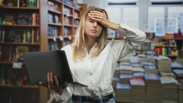 Woman holding laptop with hand on forehead facepalm among bookshelves in a bookstore building, looking tense and distracted; stress overwhelm.