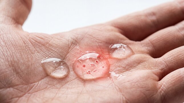 Microorganisms and bacteria visible inside water droplet on human palm with white background