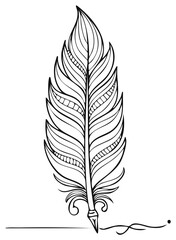 Fototapeta premium Decorative feather quill pen drawing a line, black and white vector line art